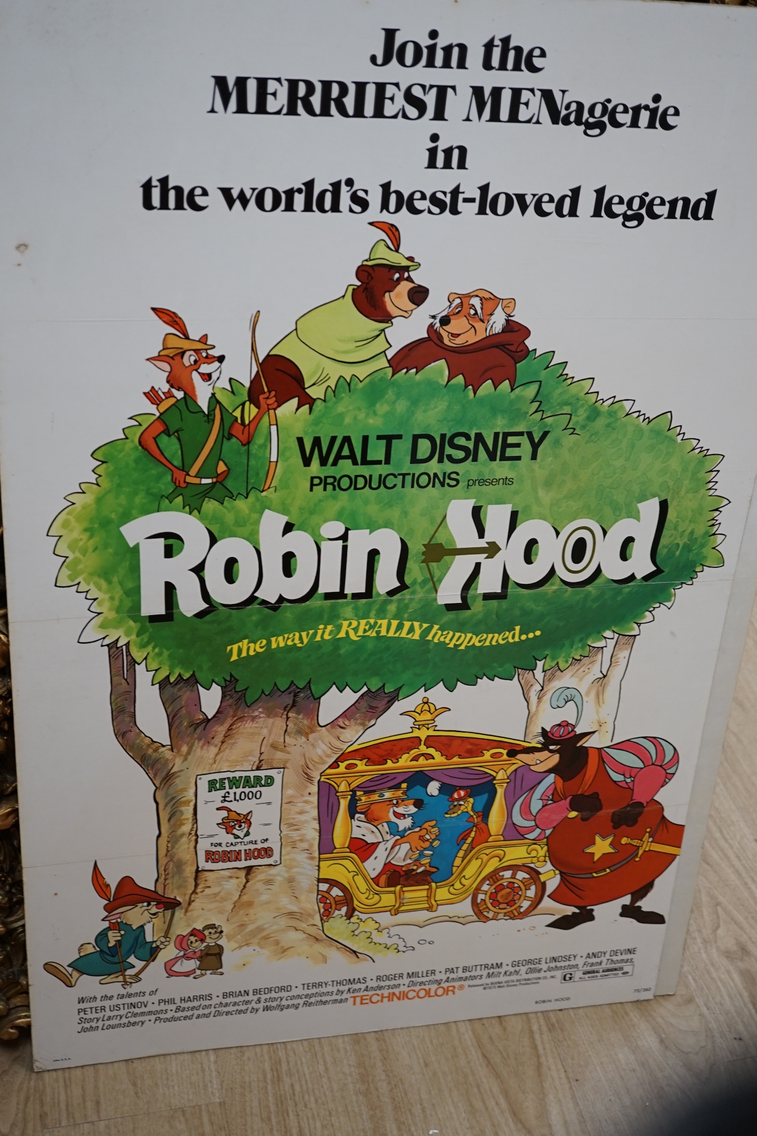 Five vintage Disney colour posters, including Alice in Wonderland, 1978, The Specimen and King Arthur 1979 and Robin Hood 1973, each approximately 74 x 98cm, unframed. Condition - fair, some discolouration and losses to